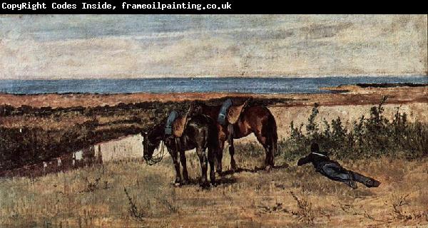 Giovanni Fattori Soldat mit zwei Pferden am Ufer des Meeres
